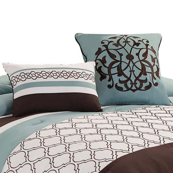 Benzara Quatrefoil King Size 8 Piece Fabric Comforter Set Brown And Blue - BM225203