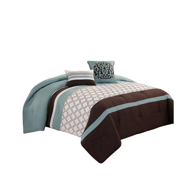 benzara Quatrefoil King Size 8 Piece Fabric Comforter Set Brown and Blue - BM225203