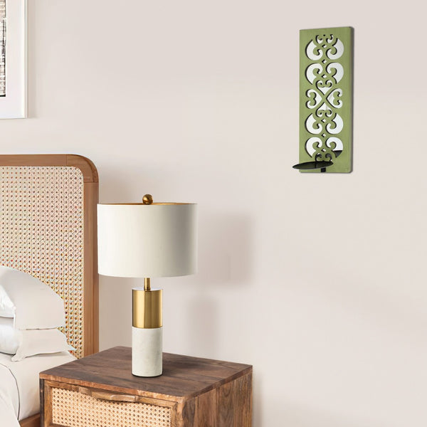 Benzara Quatrefoil Pattern Wooden Candle Holder With Mirror Insert Green - BM218402