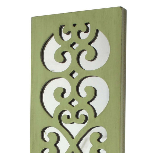 Benzara Quatrefoil Pattern Wooden Candle Holder With Mirror Insert Green - BM218402