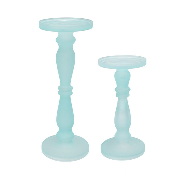 benzara Qui 14 11 Inch Candle Holders Turned Pedestal Blue Glass Set of 2 - BM285579