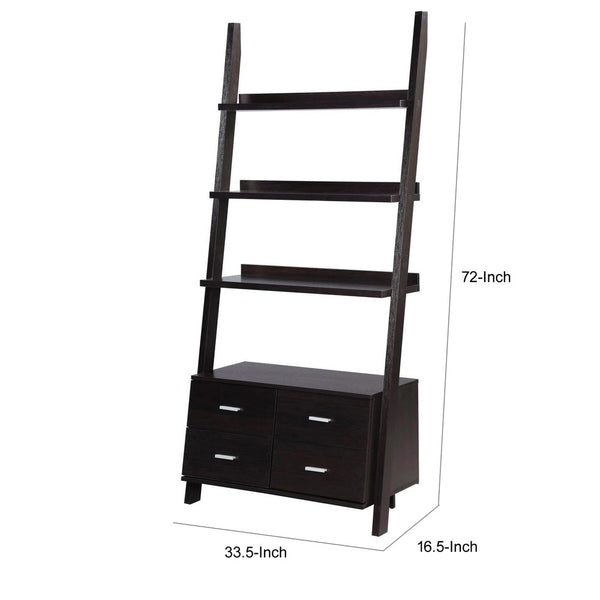 Benzara Quirky Ladder Bookcase With 4 Storage Drawers And Open Shelves Cappuccino - BM172220
