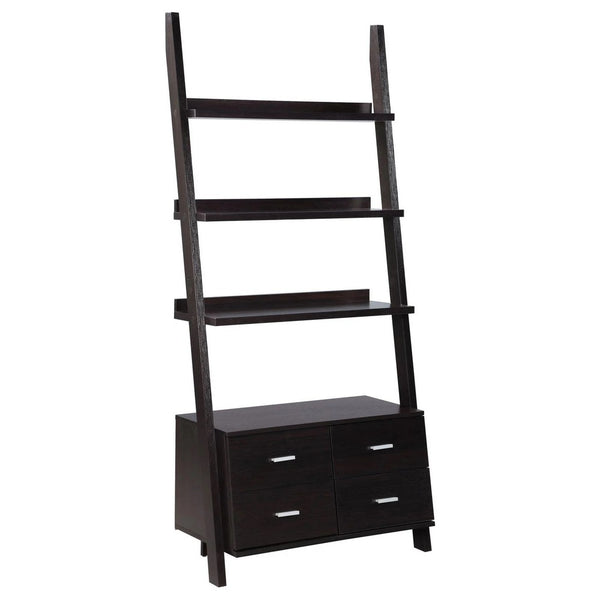benzara Quirky Ladder Bookcase With 4 Storage Drawers And Open Shelves Cappuccino - BM172220