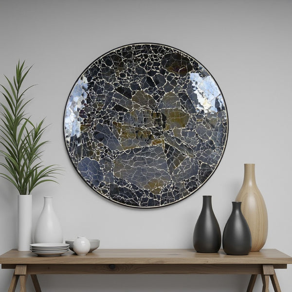 benzara Qwin Decorative Wall Platter 24 Inch Glass Mosaic Pattern in Black -BM331483