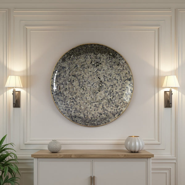 benzara Qwin Decorative Wall Platter 24 Inch Mirror Mosaic Pattern in Gray -BM331485