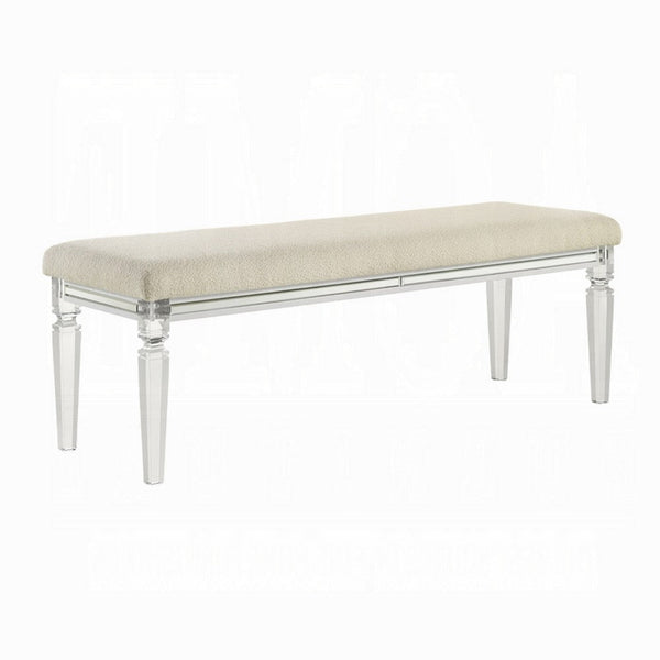 Benzara Rara Bench Beige Padded Seat 54 Inch Clear Tapered Acrylic Legs -BM333881