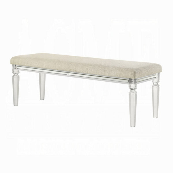 benzara Rara Bench Beige Padded Seat 54 Inch Clear Tapered Acrylic Legs -BM333881