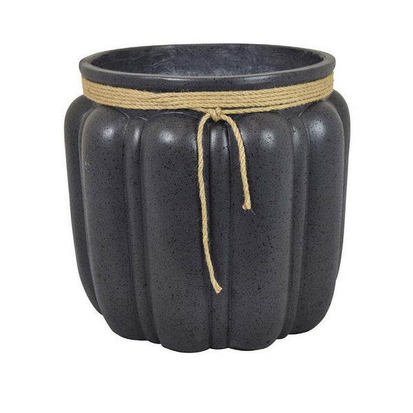 Benzara Rave 17 Inch Planter Pumpkin Like Shape And Rope Details Black Resin - BM312531