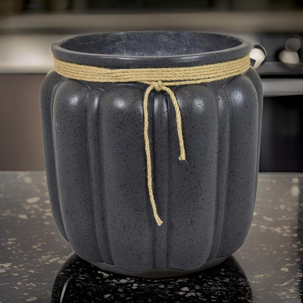 benzara Rave 17 Inch Planter Pumpkin Like Shape and Rope Details Black Resin - BM312531