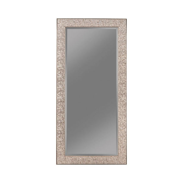 Benzara Rectangular Beveled Accent Floor Mirror With Glitter Mosaic Pattern Silver - BM233237