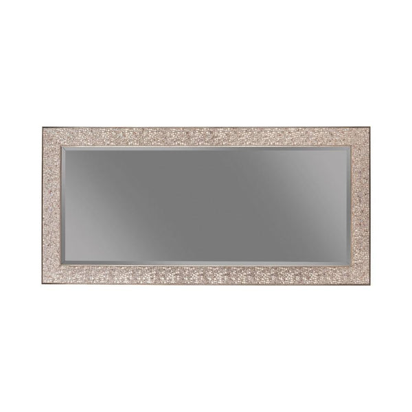 Benzara Rectangular Beveled Accent Floor Mirror With Glitter Mosaic Pattern Silver - BM233237