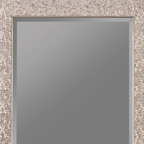 Benzara Rectangular Beveled Accent Floor Mirror With Glitter Mosaic Pattern Silver - BM233237