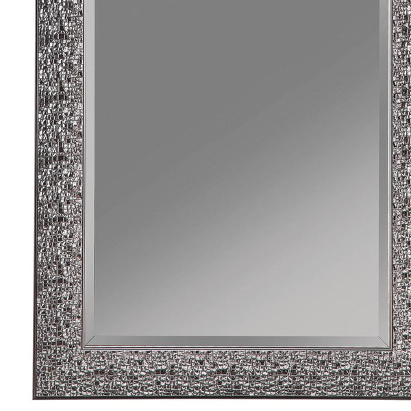 Benzara Rectangular Beveled Accent Floor Mirror With Glitter Mosaic Pattern Gray - BM233238