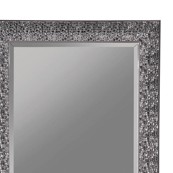 Benzara Rectangular Beveled Accent Floor Mirror With Glitter Mosaic Pattern Gray - BM233238