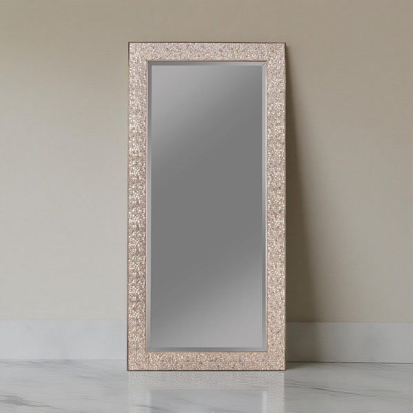 benzara Rectangular Beveled Accent Floor Mirror with Glitter Mosaic Pattern Silver - BM233237