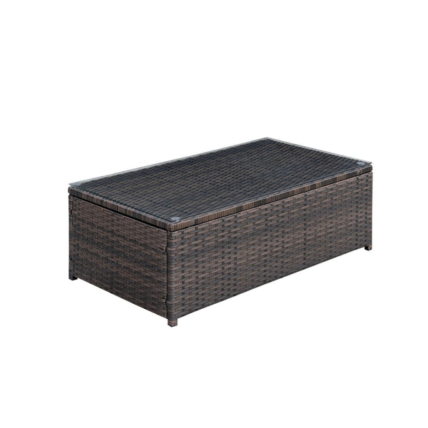benzara Rectangular Faux Rattan and Aluminum Coffee Table with Glass Top in Brown - BM206283