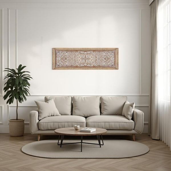 Benzara Rectangular Mango Wood Wall Panel Hand Crafted With Intricate Carving White And Brown - BM01908
