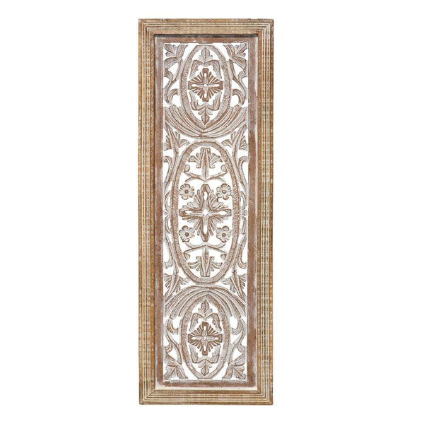 Benzara Rectangular Mango Wood Wall Panel Hand Crafted With Intricate Carving White And Brown - BM01908