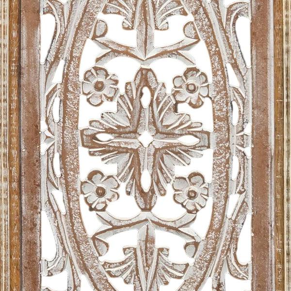 Benzara Rectangular Mango Wood Wall Panel Hand Crafted With Intricate Carving White And Brown - BM01908