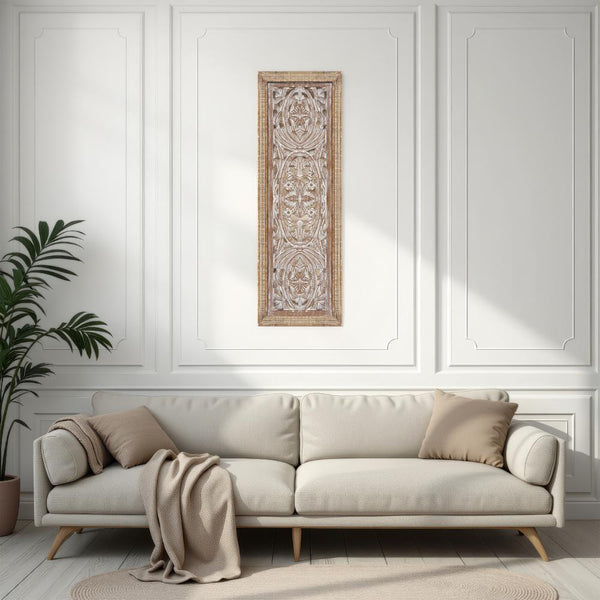benzara Rectangular Mango Wood Wall Panel Hand Crafted With Intricate Carving White and Brown - BM01908