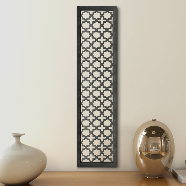 benzara Rectangular Mango Wood Wall Panel with Cutout Lattice Pattern Burnt Black - BM01888