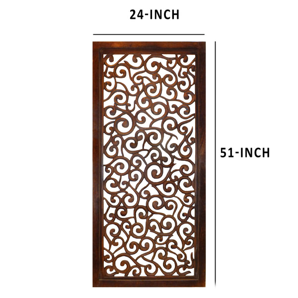 Benzara Rectangular Mango Wood Wall Panel With Cutout Scrollwork Details Brown - BM01886