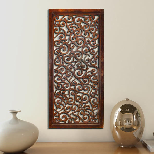 benzara Rectangular Mango Wood Wall Panel with Cutout Scrollwork Details Brown - BM01886