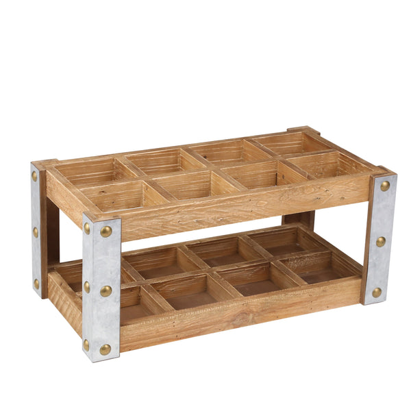 Benzara Rectangular Metal 8 Bottle Wooden Wine Rack Brown And Silver - BM205137