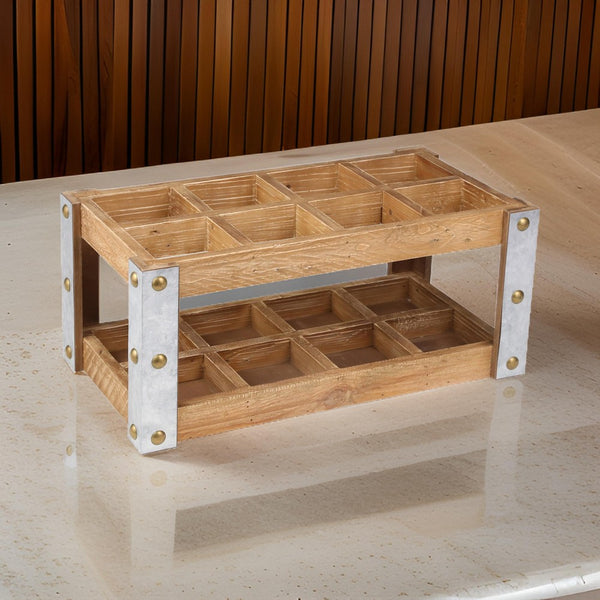 benzara Rectangular Metal 8 Bottle Wooden Wine Rack Brown and Silver - BM205137