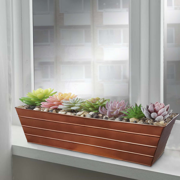 Benzara Rectangular Metal Flower Planter Box With Embossed Line Design Large Copper - BM195218