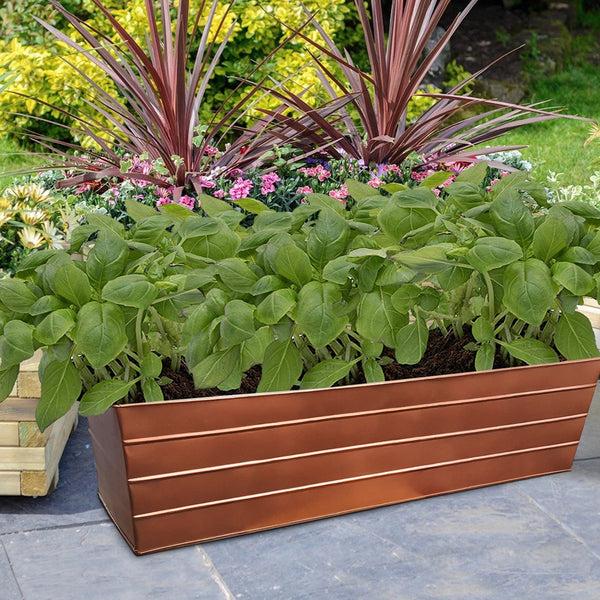 benzara Rectangular Metal Flower Planter Box with Embossed Line Design Large Copper - BM195218