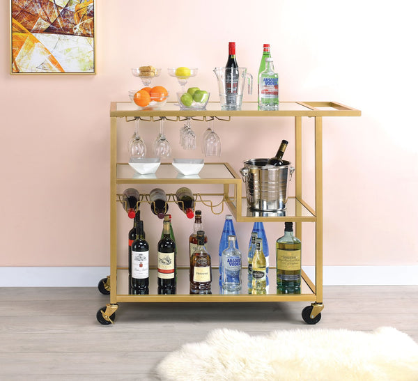 benzara Rectangular Metal Serving Cart with Stemware and Bottle Holder Gold - BM194348