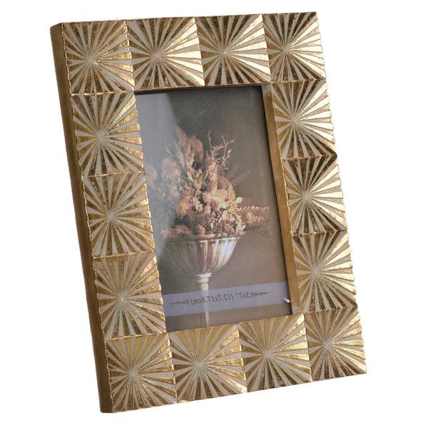 Benzara Rectangular Shaped Polyresin Photo Frame With Mirror And Pyramid Like Design Gold