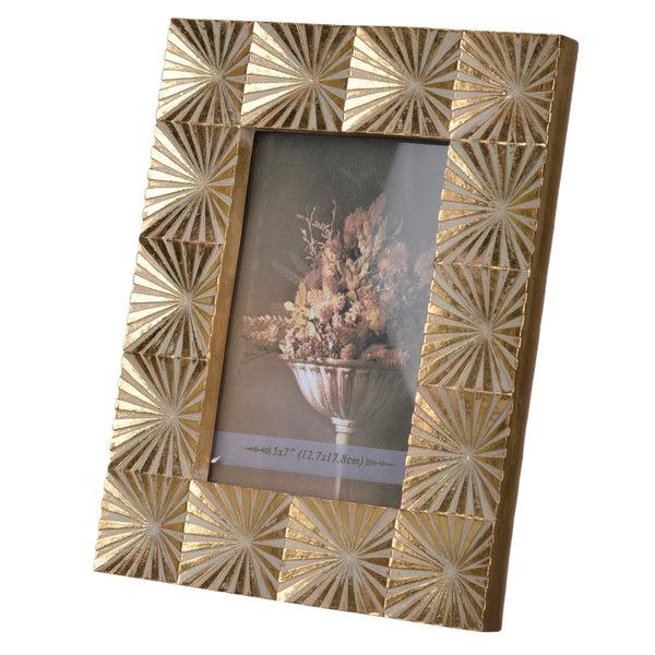 Benzara Rectangular Shaped Polyresin Photo Frame With Mirror And Pyramid Like Design Gold