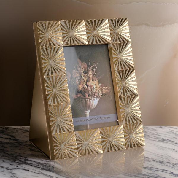 benzara Rectangular Shaped Polyresin Photo Frame with Mirror and Pyramid Like Design Gold
