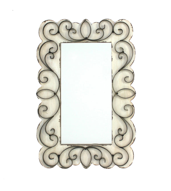 Benzara Rectangular Wall Mirror With Wooden Frame And Metal Scrolled Edges White - BM218345