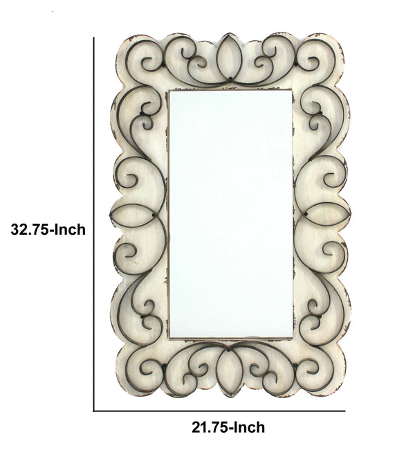 Benzara Rectangular Wall Mirror With Wooden Frame And Metal Scrolled Edges White - BM218345