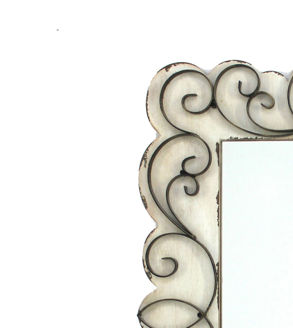Benzara Rectangular Wall Mirror With Wooden Frame And Metal Scrolled Edges White - BM218345