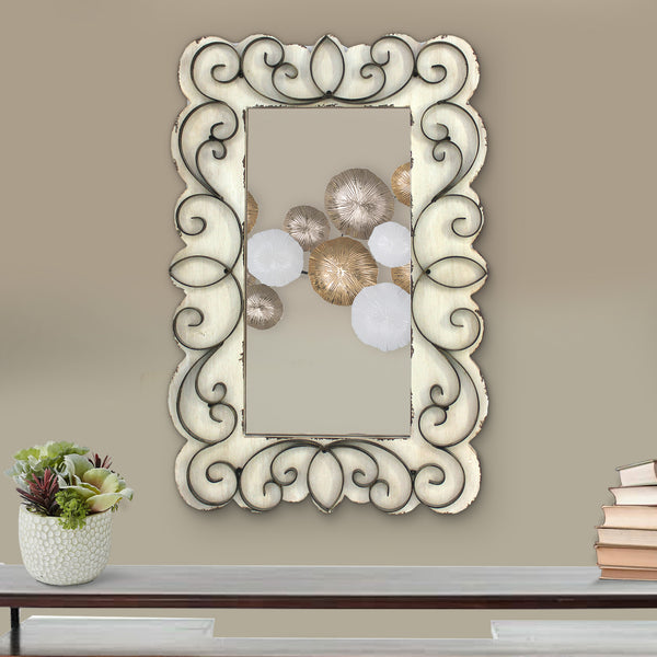 benzara Rectangular Wall Mirror with Wooden Frame and Metal Scrolled edges White - BM218345