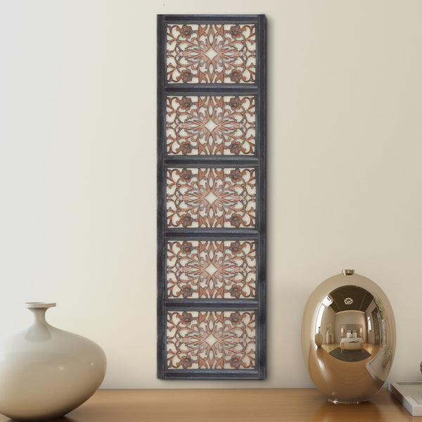 benzara Rectangular Wall Panel with Intricate Floral Carvings Burnt Black - BM01869