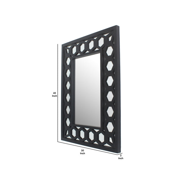 Benzara Rectangular Wooden Dressing Mirror With Lattice Pattern Design Black - BM209114