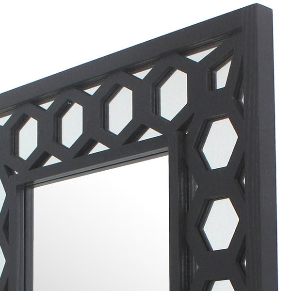 Benzara Rectangular Wooden Dressing Mirror With Lattice Pattern Design Black - BM209114