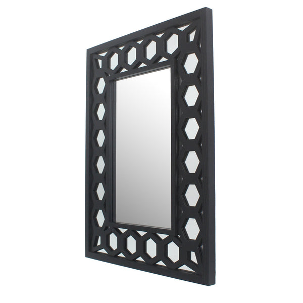 benzara Rectangular Wooden Dressing Mirror with Lattice Pattern Design Black - BM209114