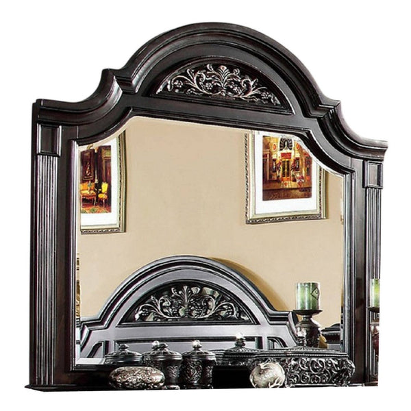 Benzara Recus Dresser Mirror 49 Inch Carved Floral Walnut Brown Solid Wood -BM332566