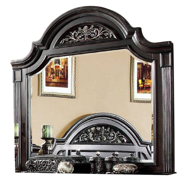 Benzara Recus Dresser Mirror 49 Inch Carved Floral Walnut Brown Solid Wood -BM332566
