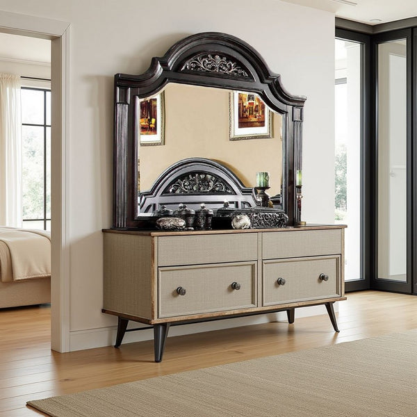 benzara Recus Dresser Mirror 49 Inch Carved Floral Walnut Brown Solid Wood -BM332566