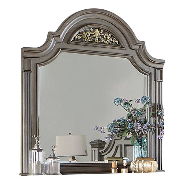 Benzara Recus Dresser Mirror 49 Inch Floral Arched Shape Gray Solid Wood -BM332565