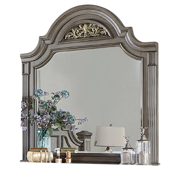 Benzara Recus Dresser Mirror 49 Inch Floral Arched Shape Gray Solid Wood -BM332565