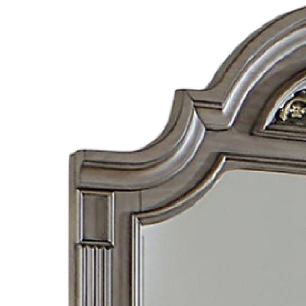 Benzara Recus Dresser Mirror 49 Inch Floral Arched Shape Gray Solid Wood -BM332565