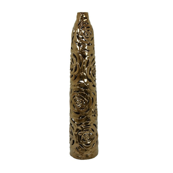 Benzara Reky Tall Vase Rose Cut Floral Patterns Slim Profile Bronze Ceramic -BM330180